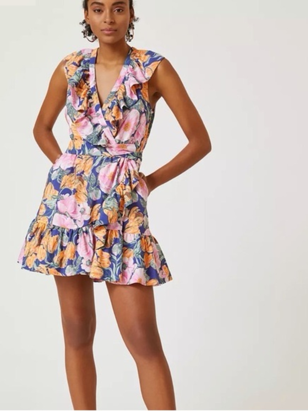 Anthropologie Floral Wrap Mini Dress in Blue, Pink & Yellow